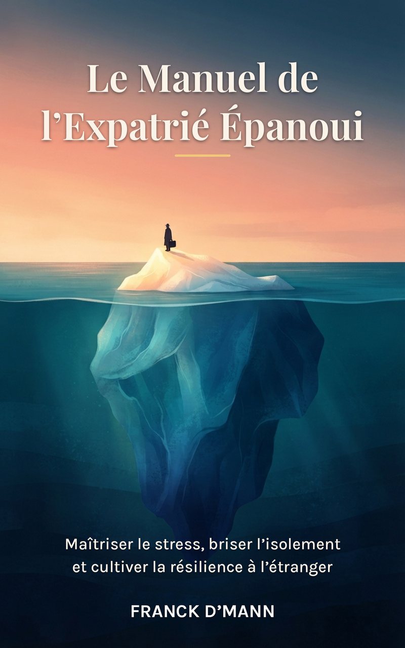 Couverture du Manuel de l’Expatrié Épanoui : un iceberg au crépuscule, une silhouette debout sur la partie émergée.